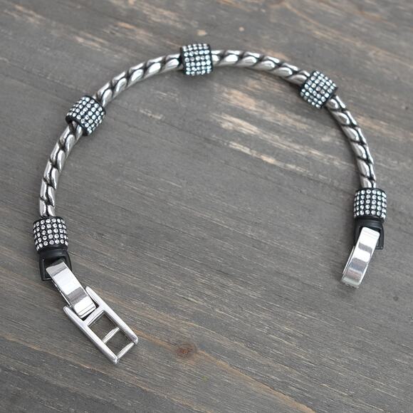 Brighton Meridian Chain Bracelet Silver Black Clear Crystals Fold Over Clasp 8" - Picture 5 of 8